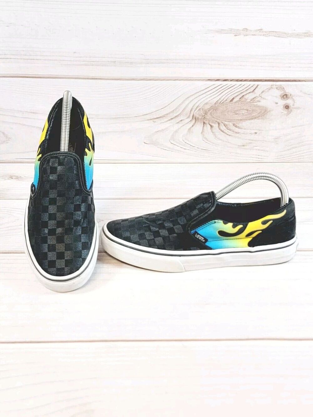 Vans Old Skool Shoes Junior Size 6.5 Black White Blue Flames Canvas Sneakers